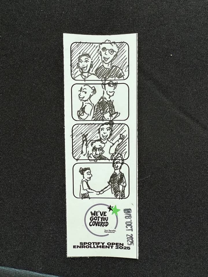 A finished strip of four illustrated portraits from the hand-drawn photo booth