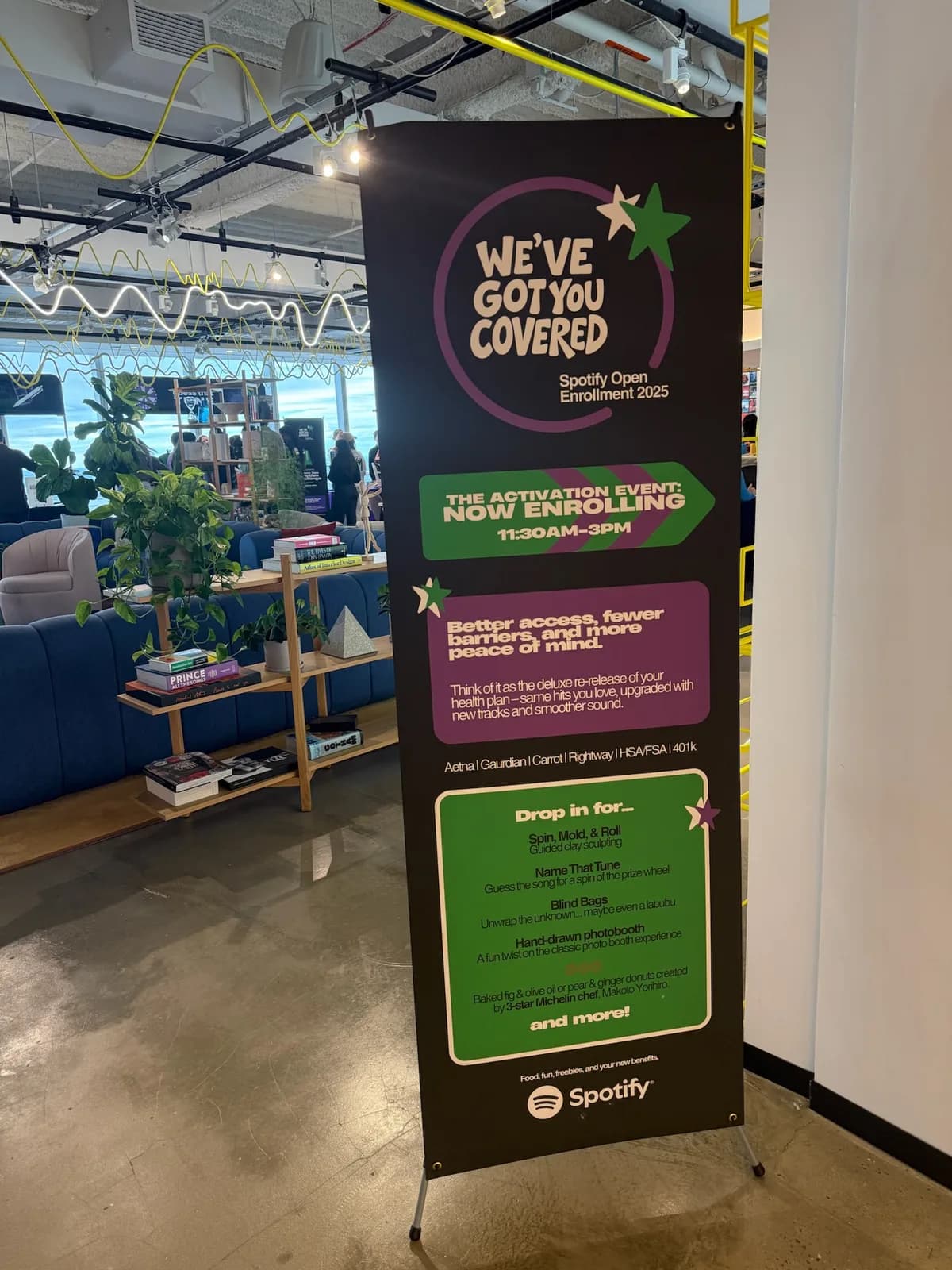 Spotify event signage listing activities beneath the words We’ve got you covered